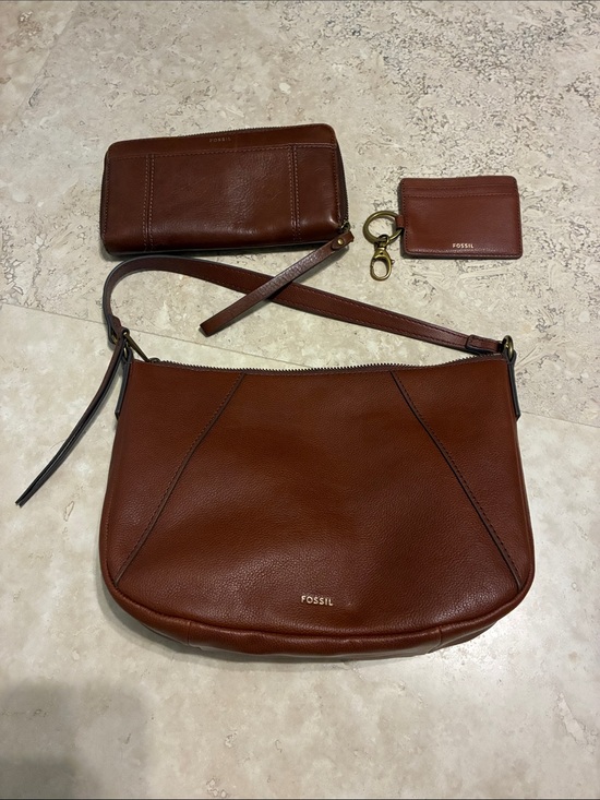 Fossil Handbags - Fossil Brown Leather Shoulder Bag with Wallet & Card Case